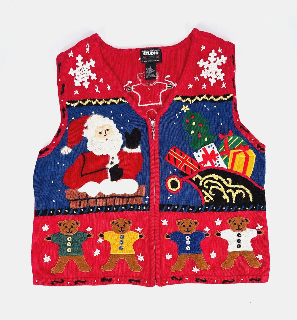 Vtg Christmas Knit Vest Zip Sweater Red Women’s LG Santa Holiday Grandma Granny